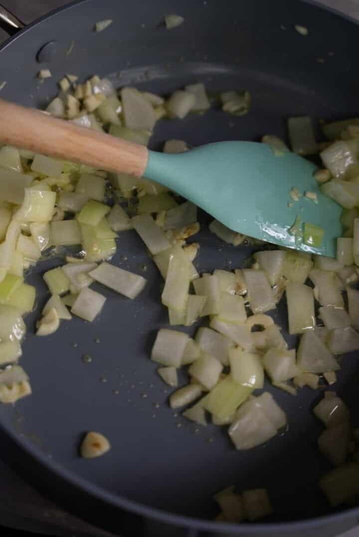 Onions and garlic in a frying pan