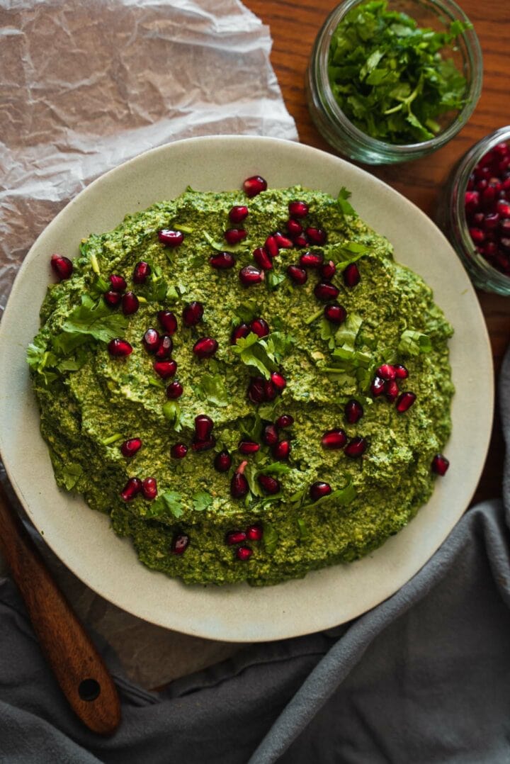 Plate of pkhali with pomegranate seeds