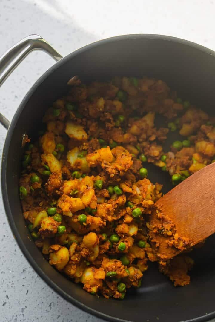 Potato samosa filling in a saucepan