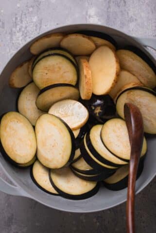 Potatoes and eggplant in a bowl