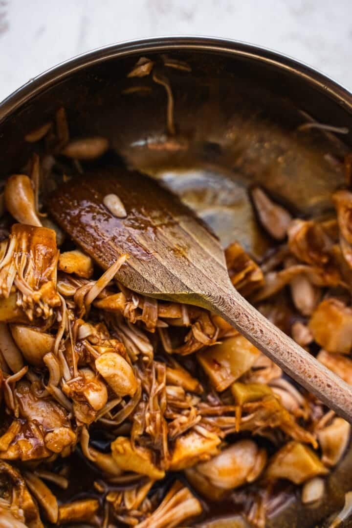 Pulled jackfruit in a mixing bowl