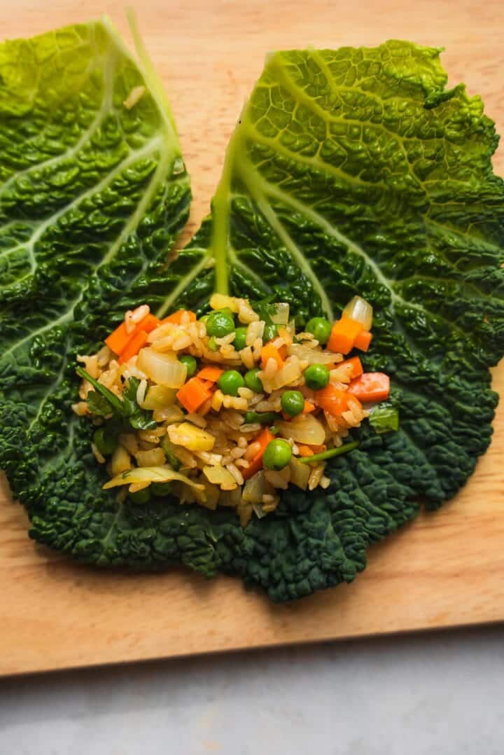 Rice and vegetables on a cabbage leaf