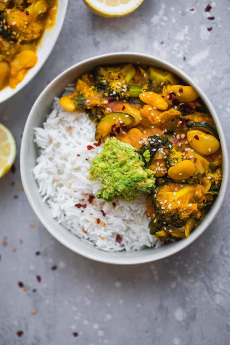 Rice with butter bean sweet potato stew