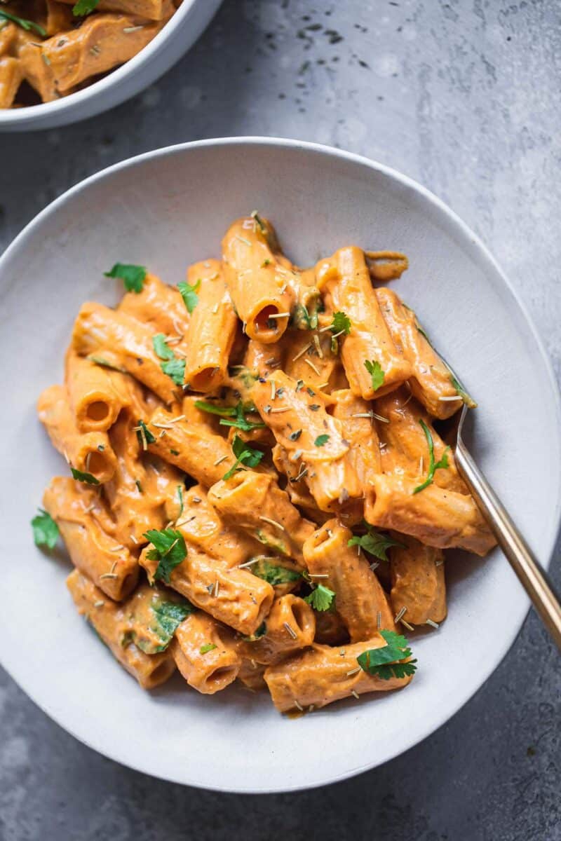 Rigatoni with a vegetable sauce in a bowl