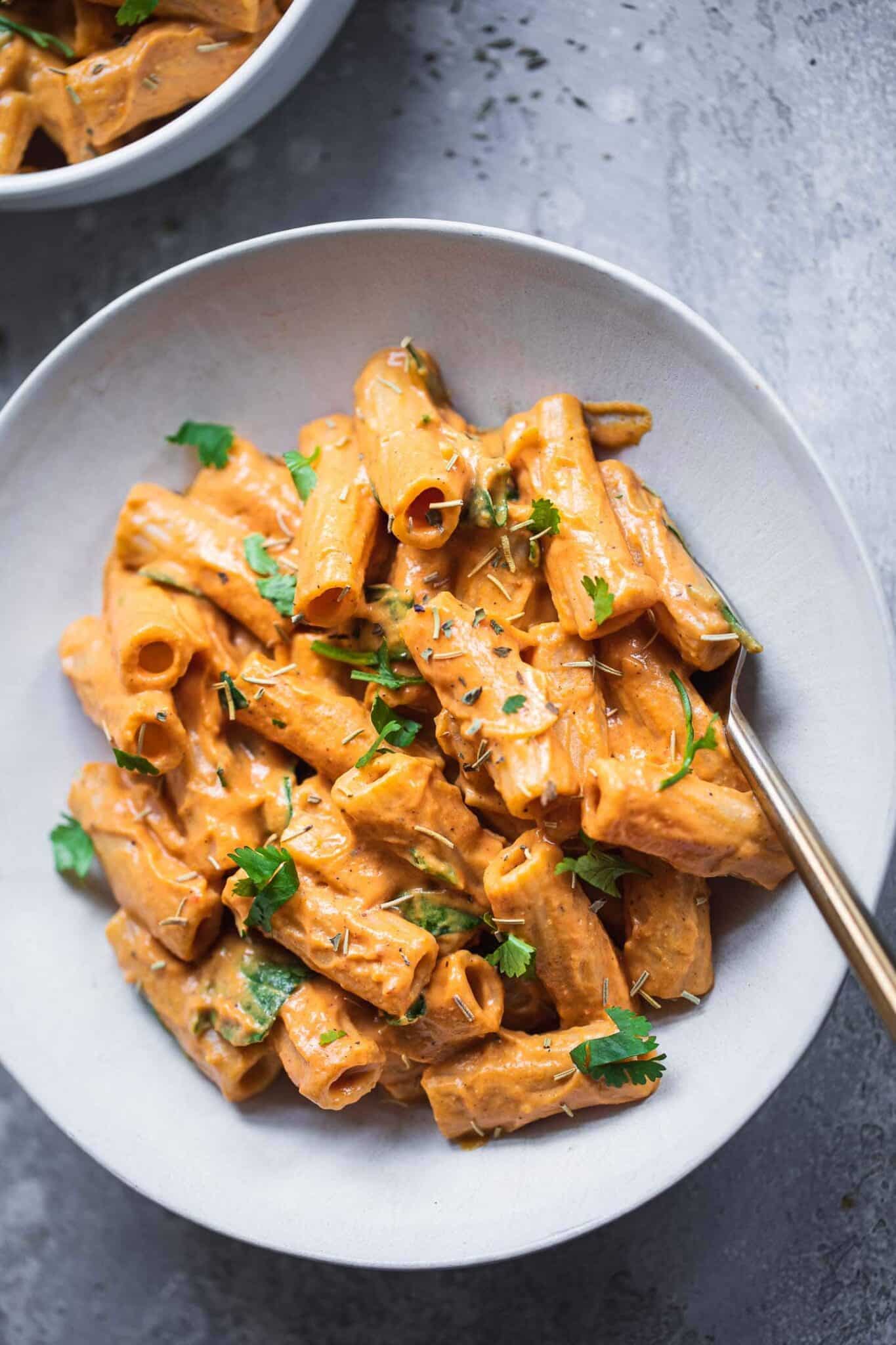 Rigatoni with a vegetable sauce in a bowl