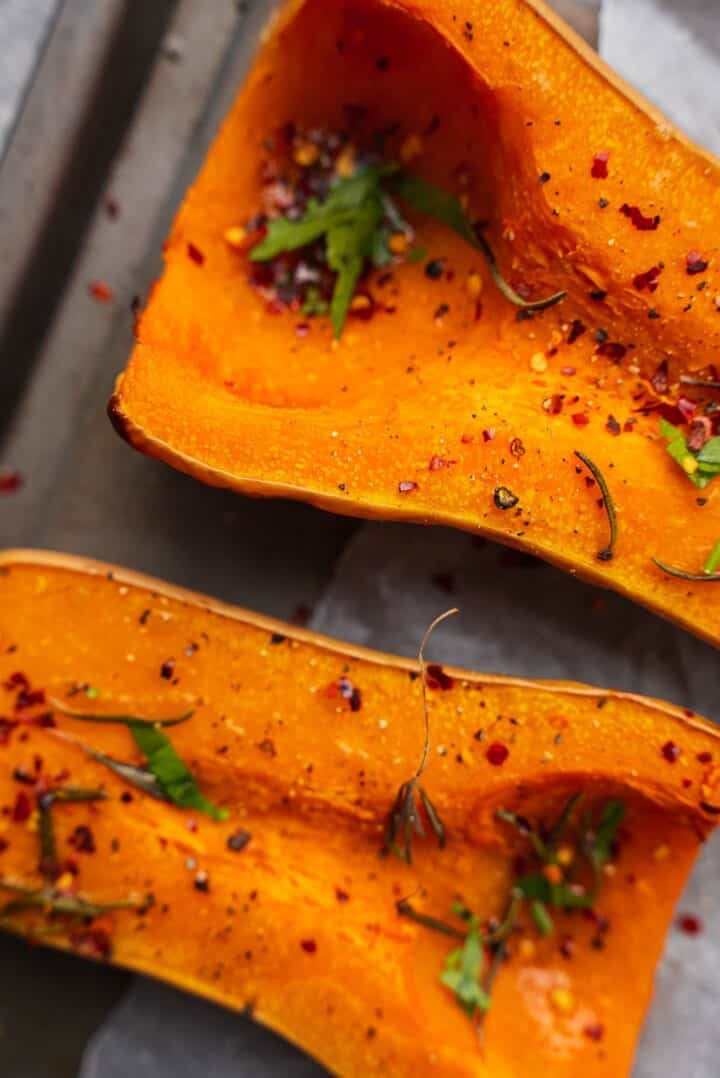 Roasted butternut squash on a baking tray