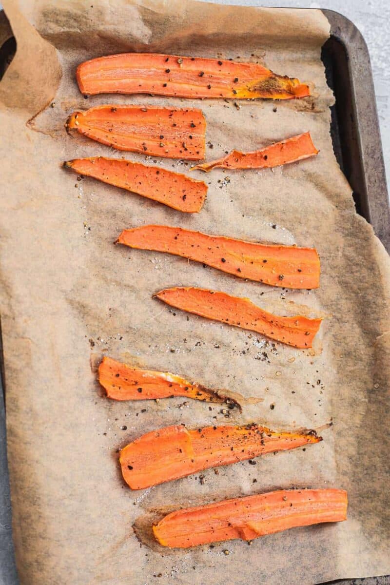 Roasted carrots on a baking tray