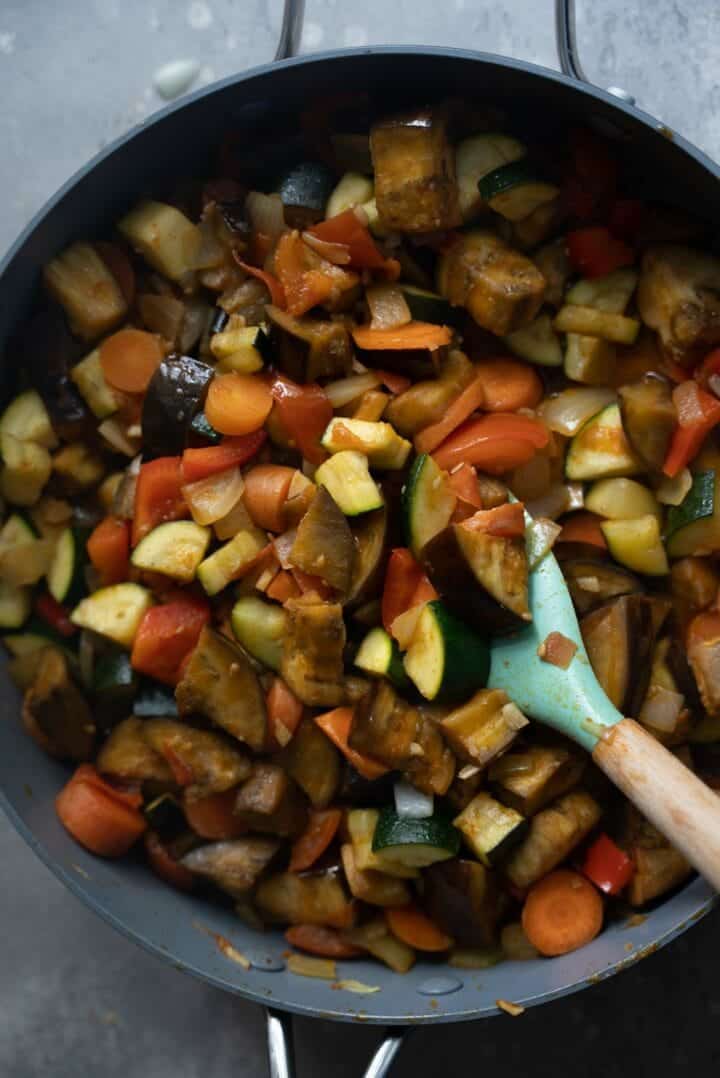 Sautéd vegetables in a frying pan