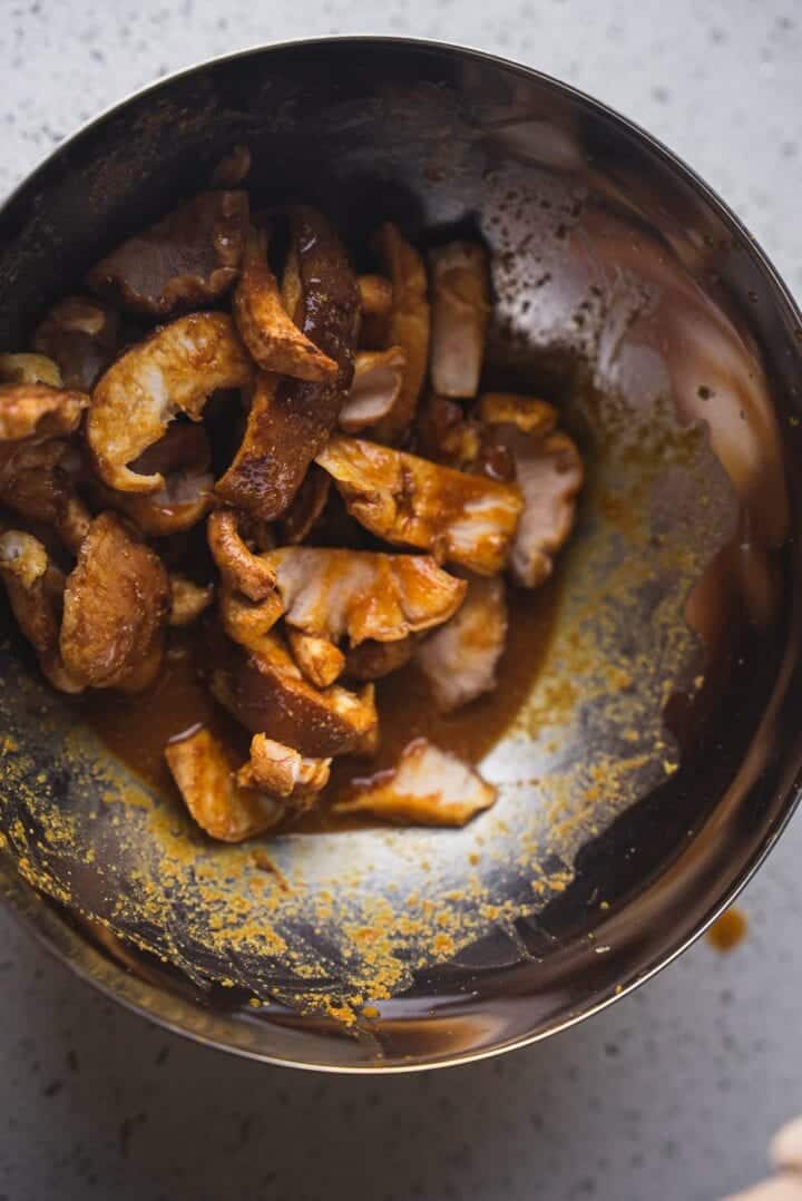 Shiitake mushrooms in a mixing bowl