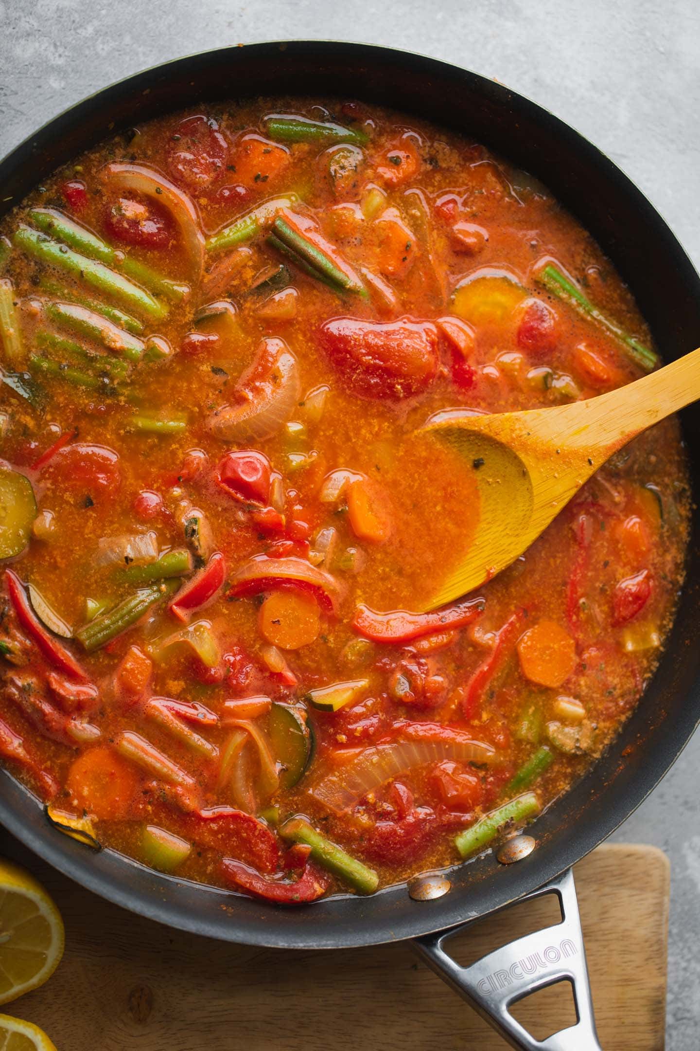 Soup with vegetables in a large pan