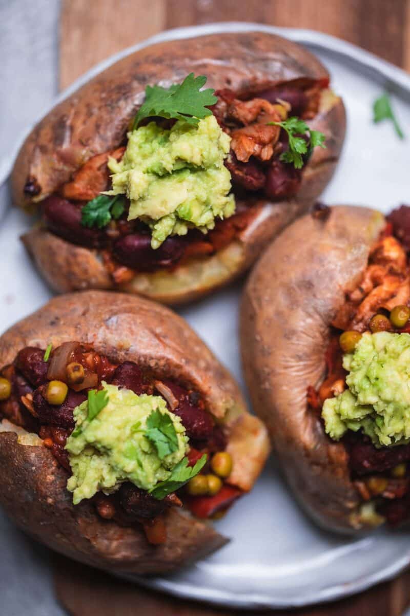Kidney bean vegan baked potatoes with mashed avocado