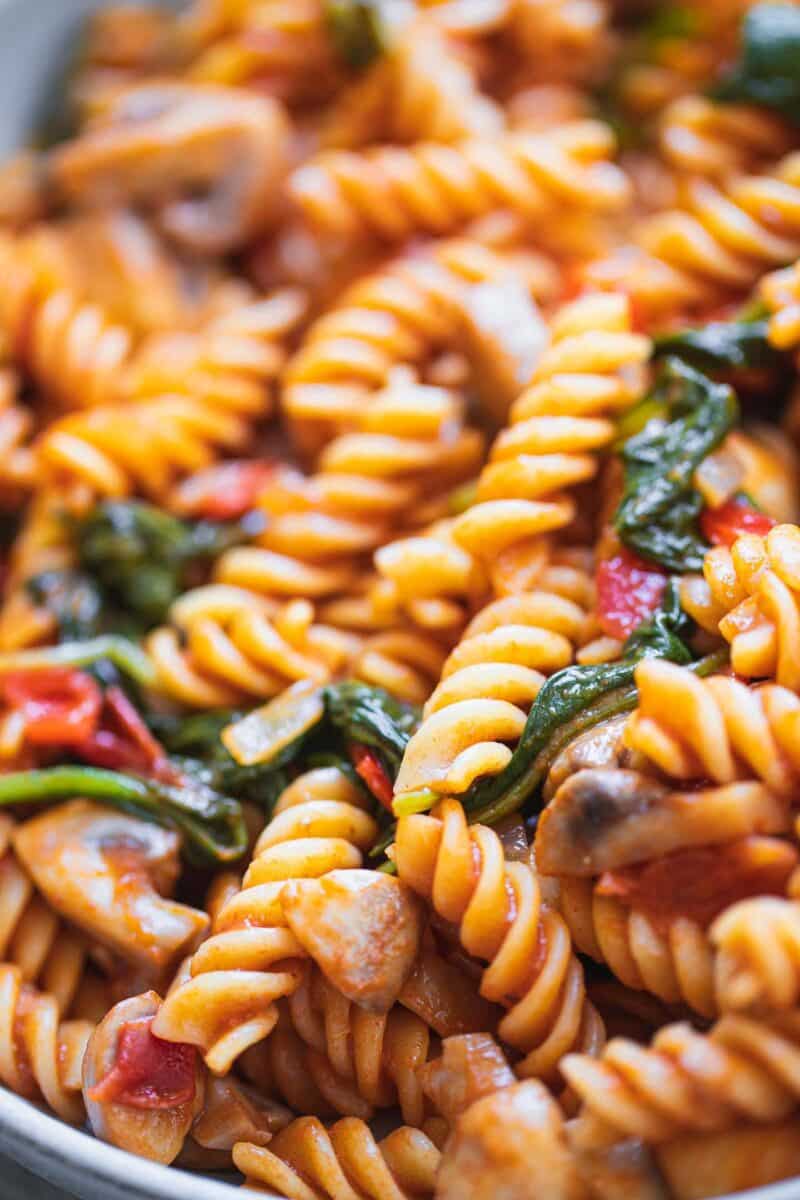Closeup of vegan pasta with spinach