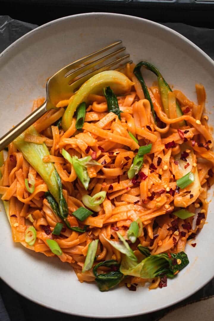Spicy noodles with Pak Choi in a bowl