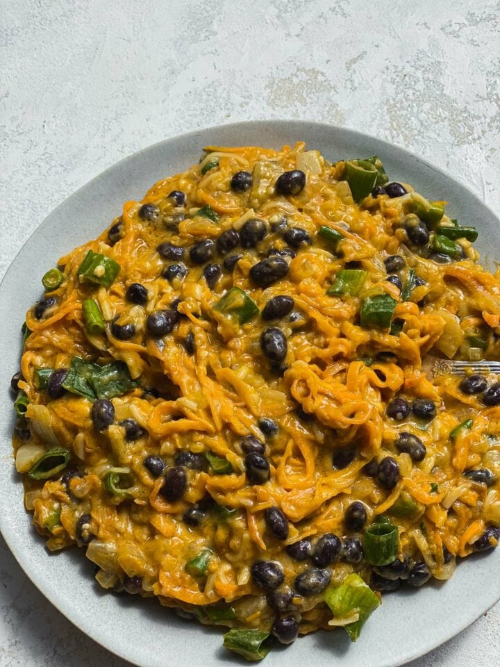 Spiralised sweet potoato with a cheesy sauce