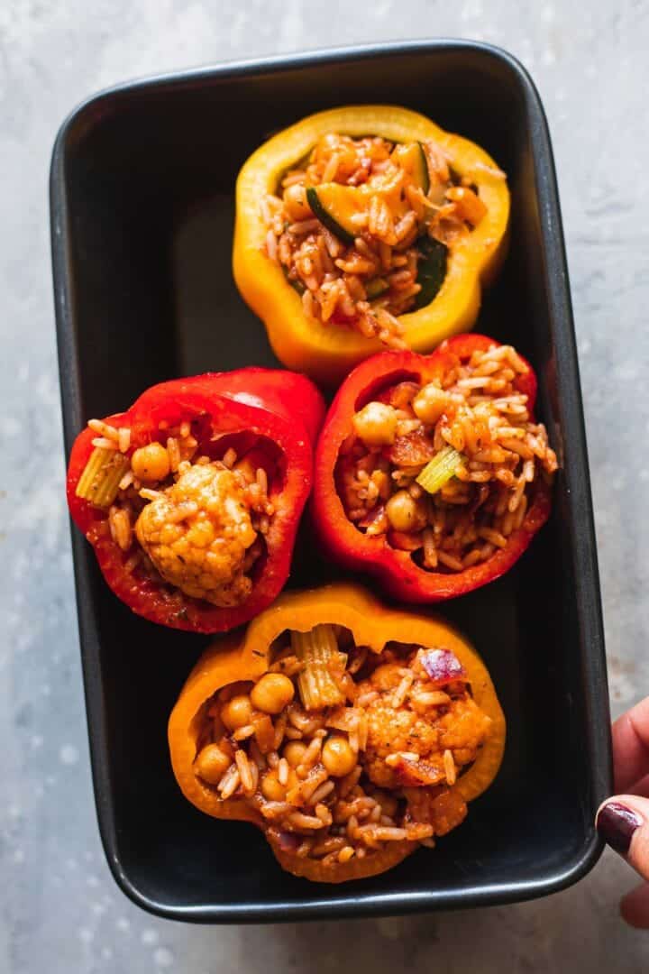 Stuffed bell peppers in a baking dish
