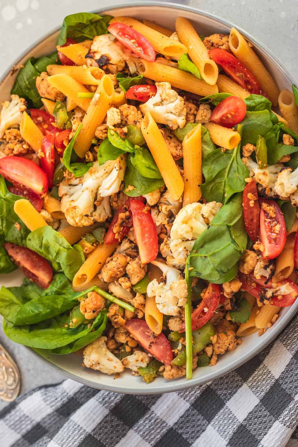 Vegan tempeh pasta with roasted cauliflower