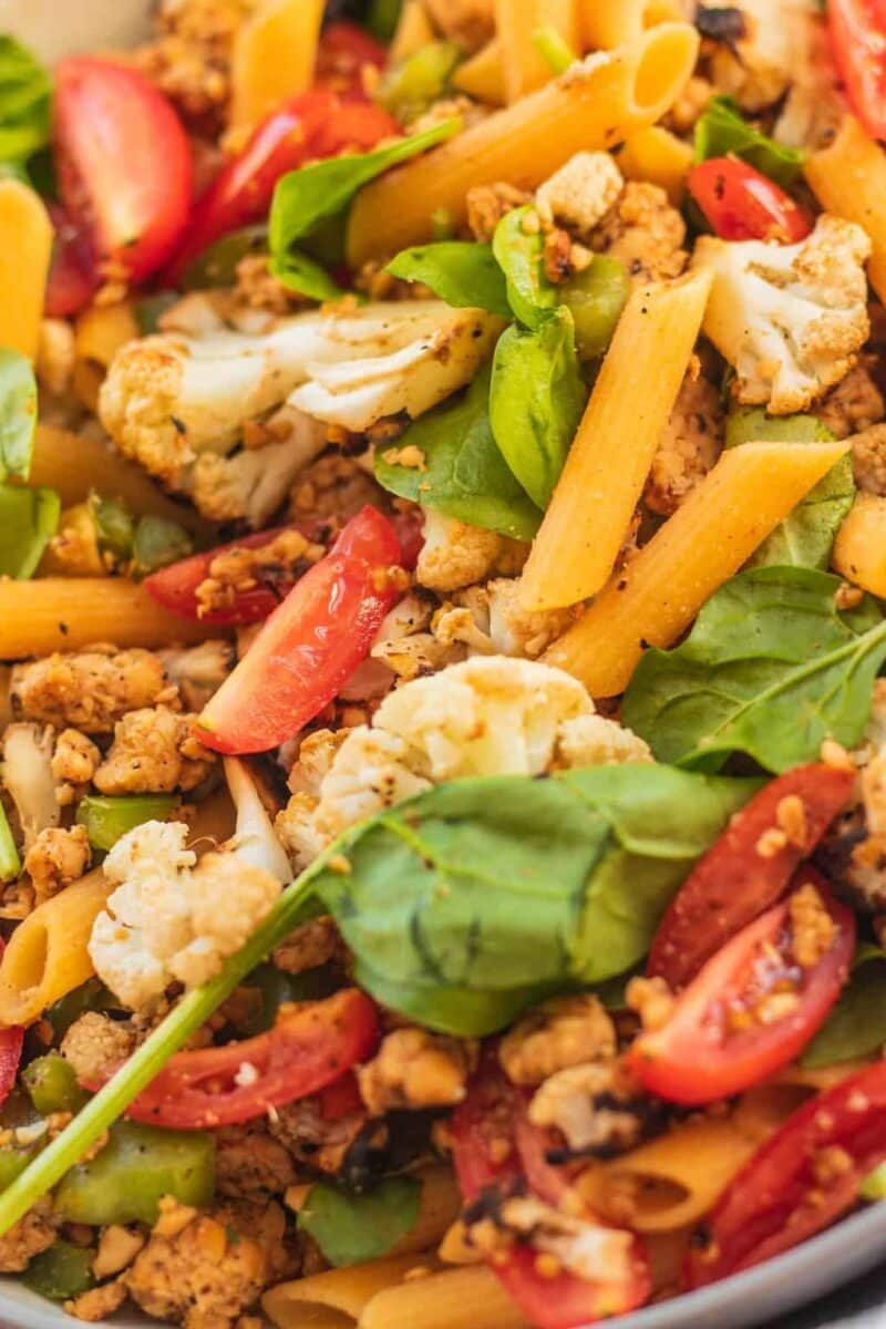 Vegan tempeh pasta with cauliflower in a bowl