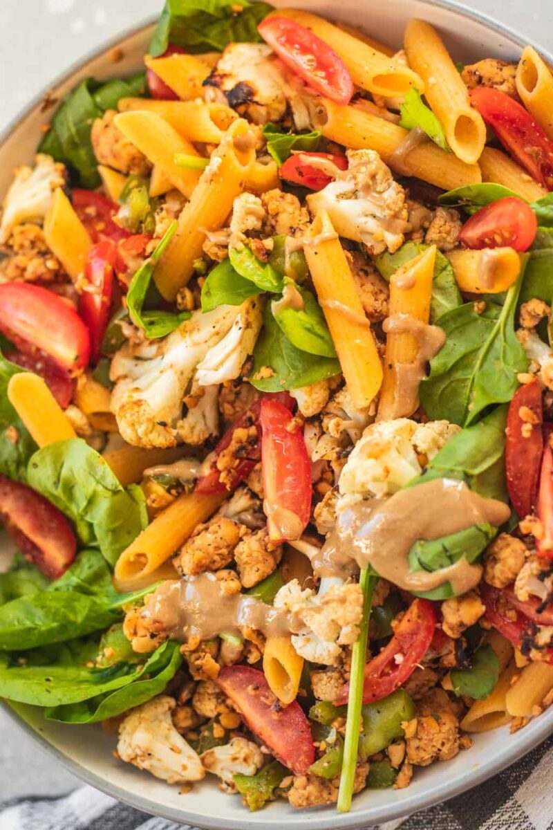 Tempeh cauliflower pasta closeup