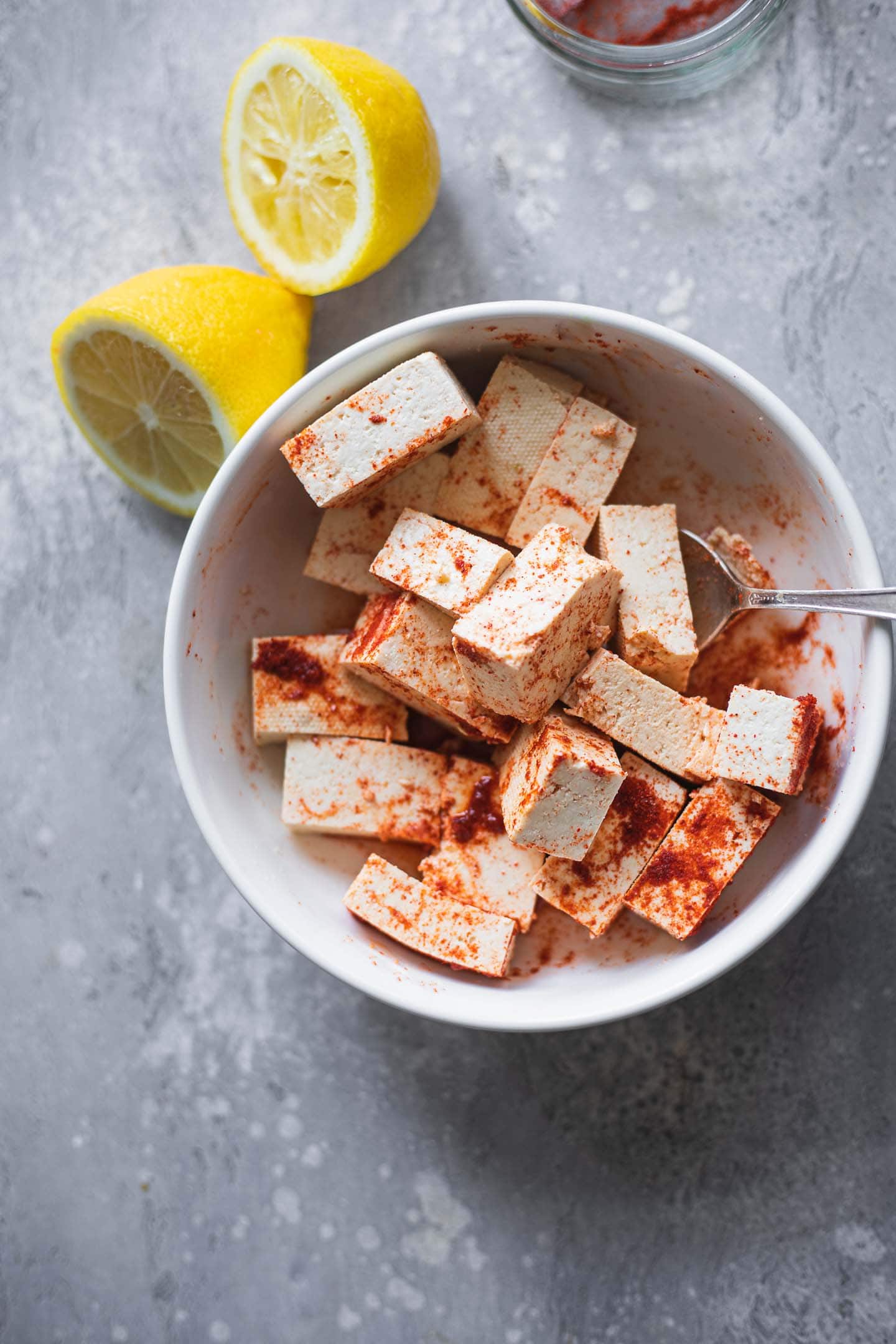 Tofu and spices in a bowl