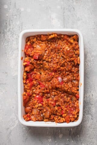 Tomato sauce lentils in a baking dish