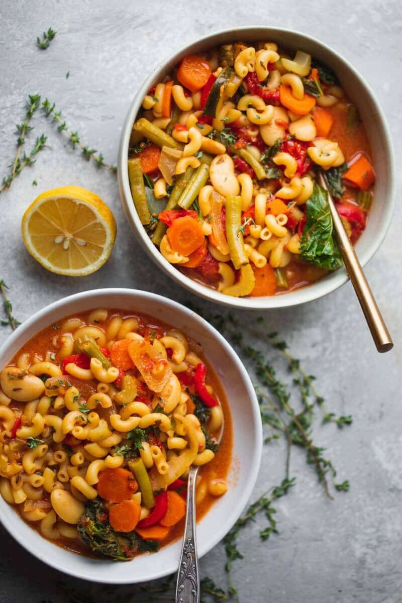 Two bowls of vegan minestrone soup