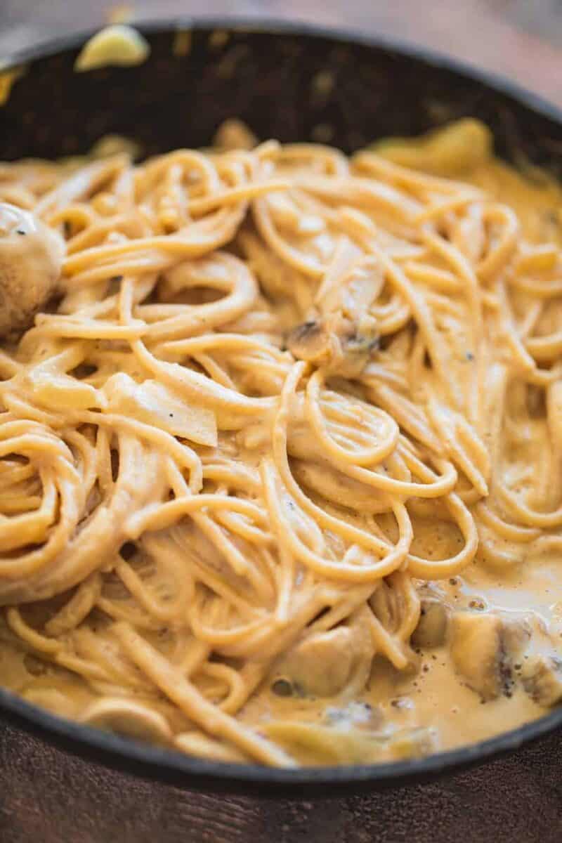 Creamy vegan pasta in a saucepan