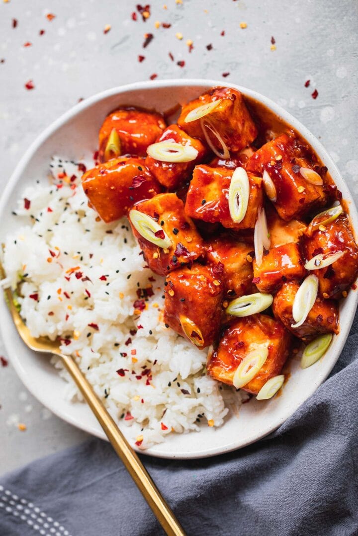 Vegan BBQ tofu in a bowl with rice