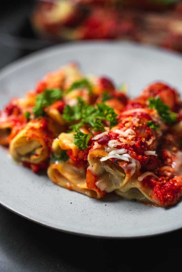 Vegan Cannelloni with dairy-free Bechamel and tomato sauce