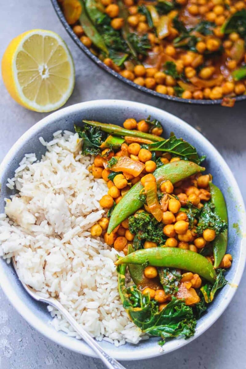 Bowl of vegan curry with chickpeas and vegetables
