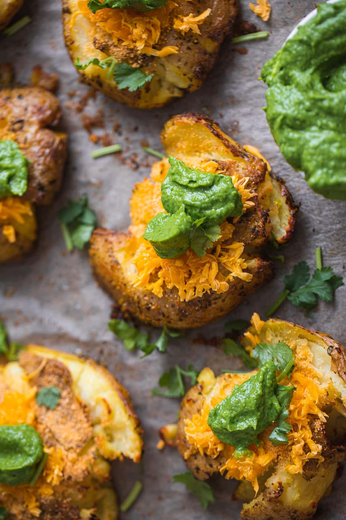 Smashed Potatoes with Avocado Garlic Dip - Lucy & Lentils