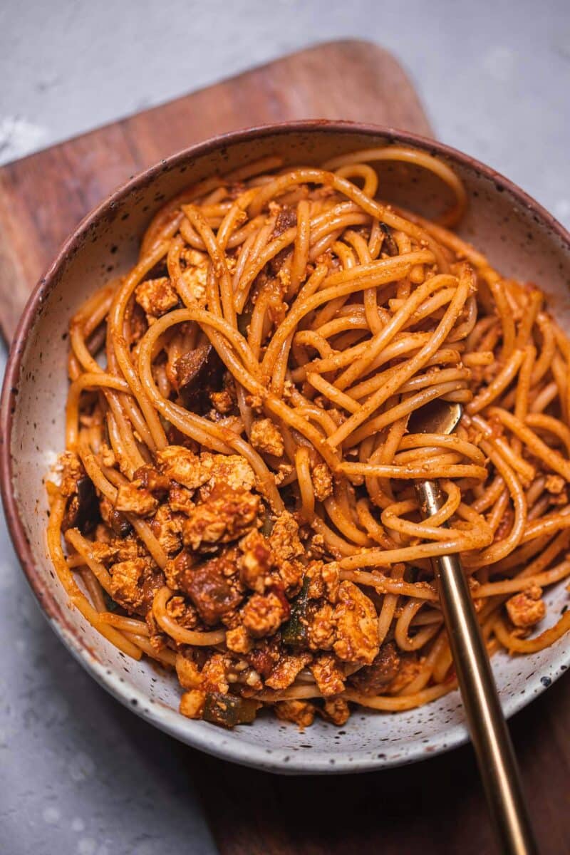 Tomato sauce pasta in a bowl