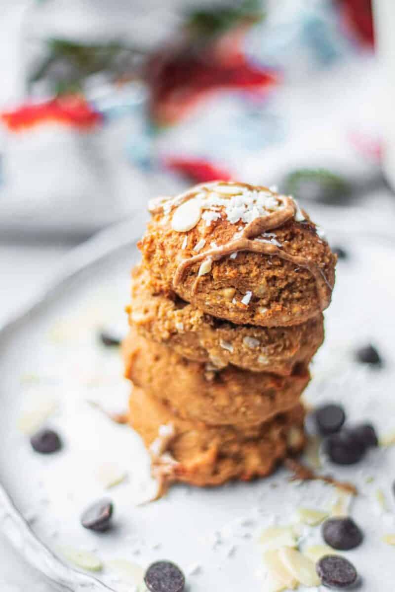 Stack of vegan cookies on a white plate