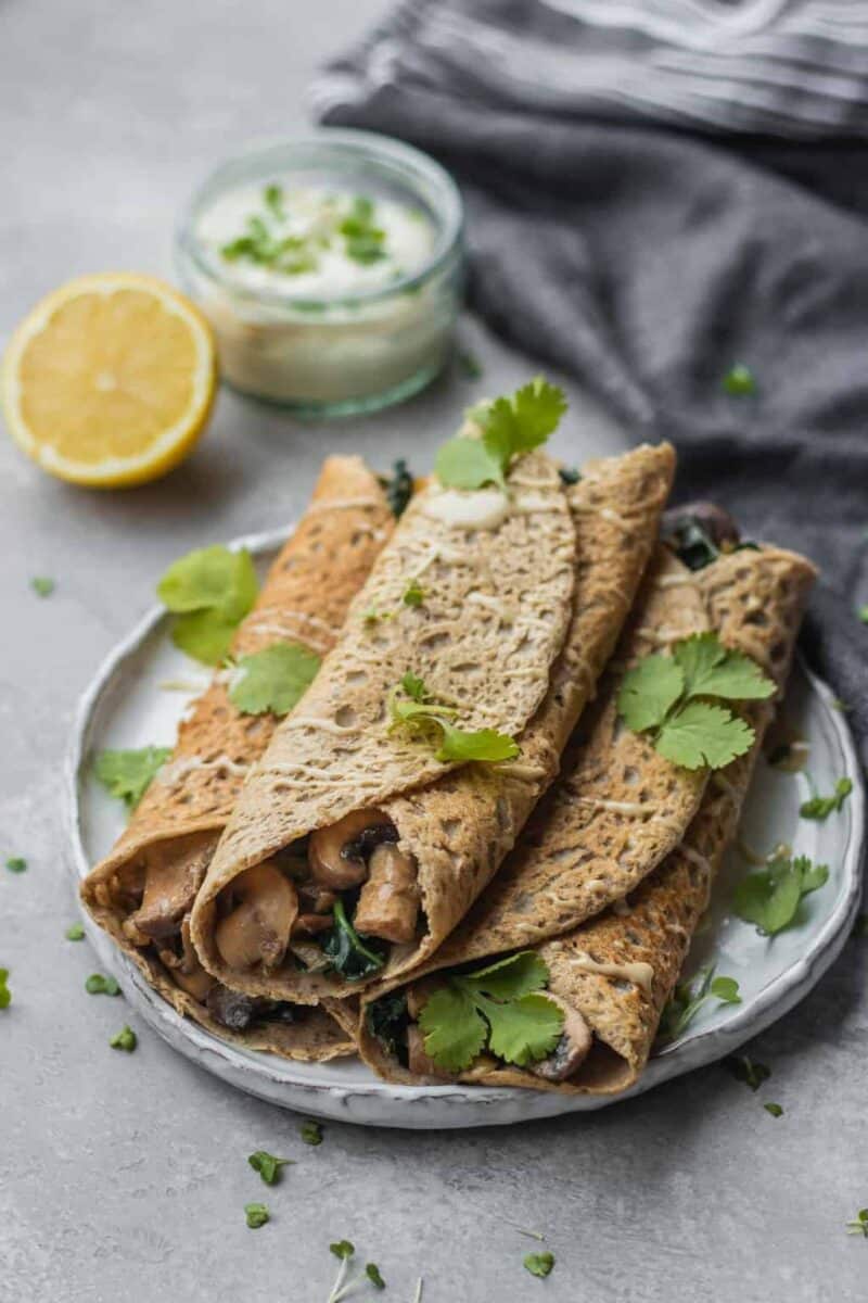 Vegan buckwheat crepes with mushrooms and kale