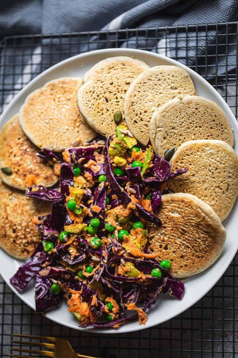 Vegan buckwheat pancakes with tahini veggie slaw gluten-free