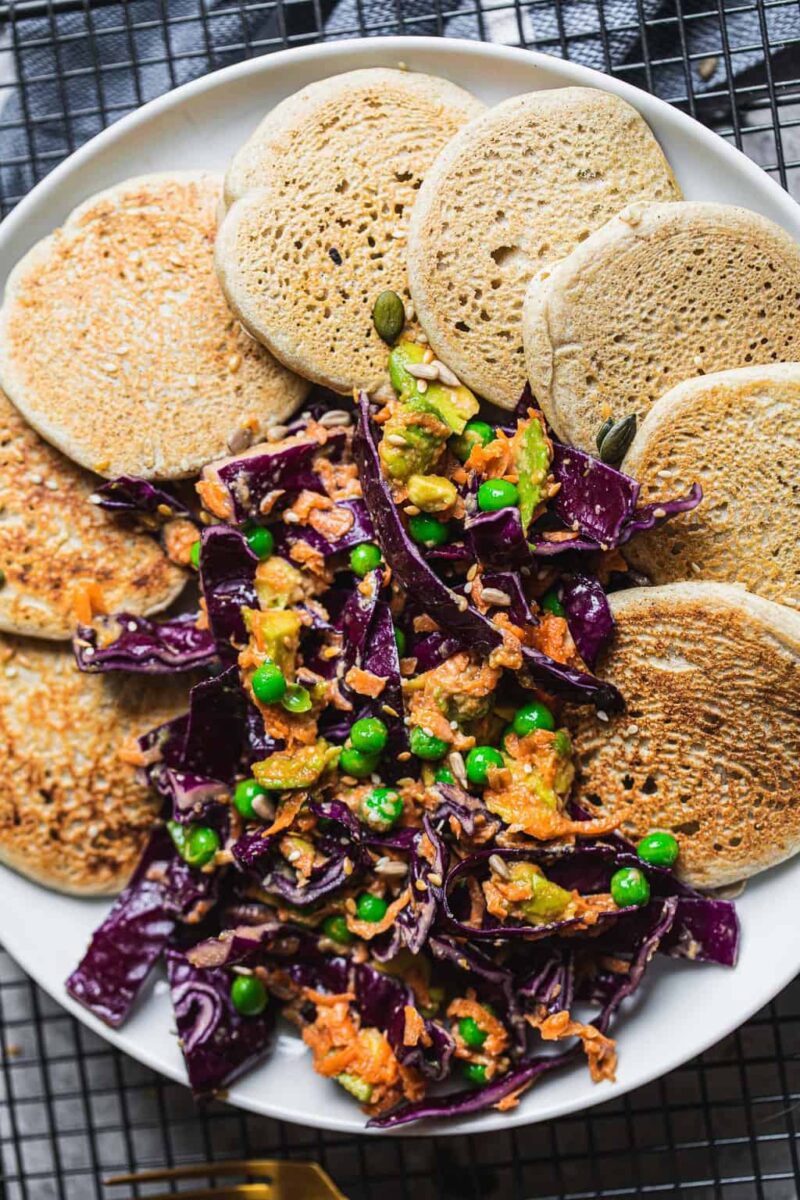 Savoury pancakes with tahini slaw