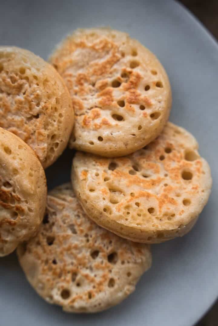 Vegan crumpets on a plate