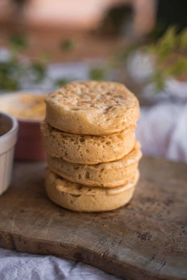 Vegan crumpets on a wooden table