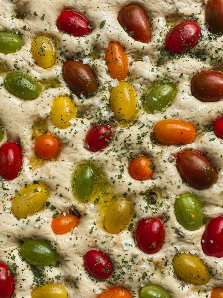 Vegan focaccia dough with cherry tomatoes