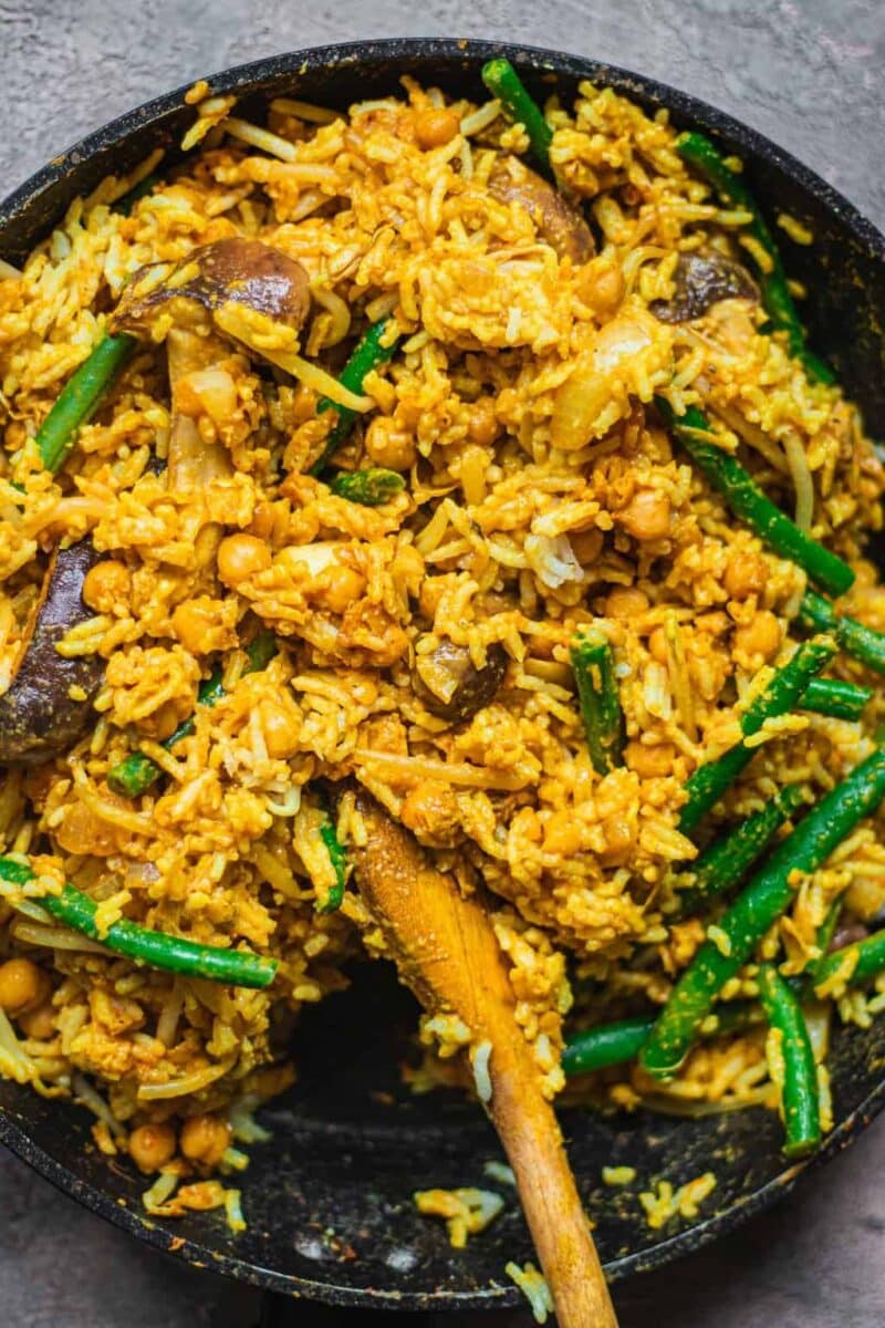 Vegetable fried rice in a frying pan