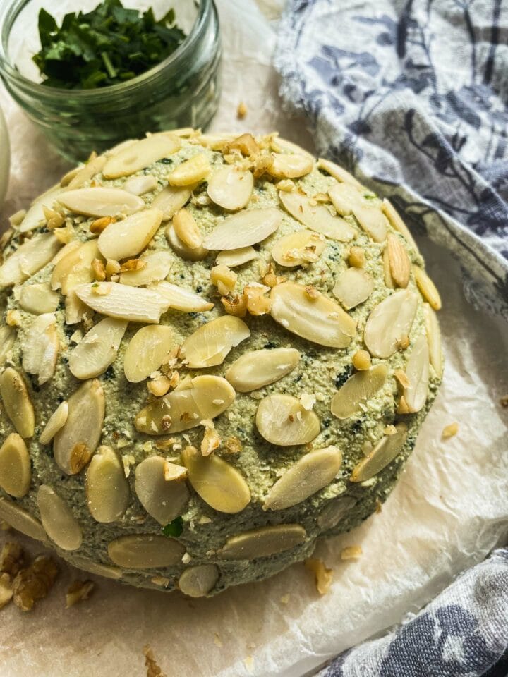 Vegan garlic and herb cheese with almonds