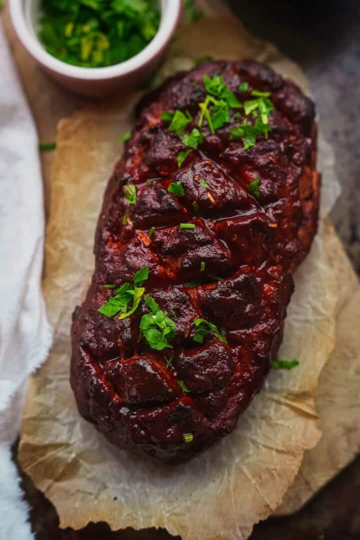 Vegan ham loaf on a baking tray