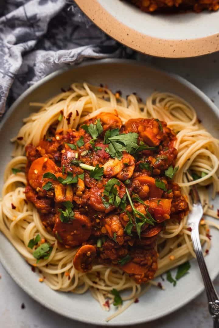 Vegan lentil pasta sauce in a bowl