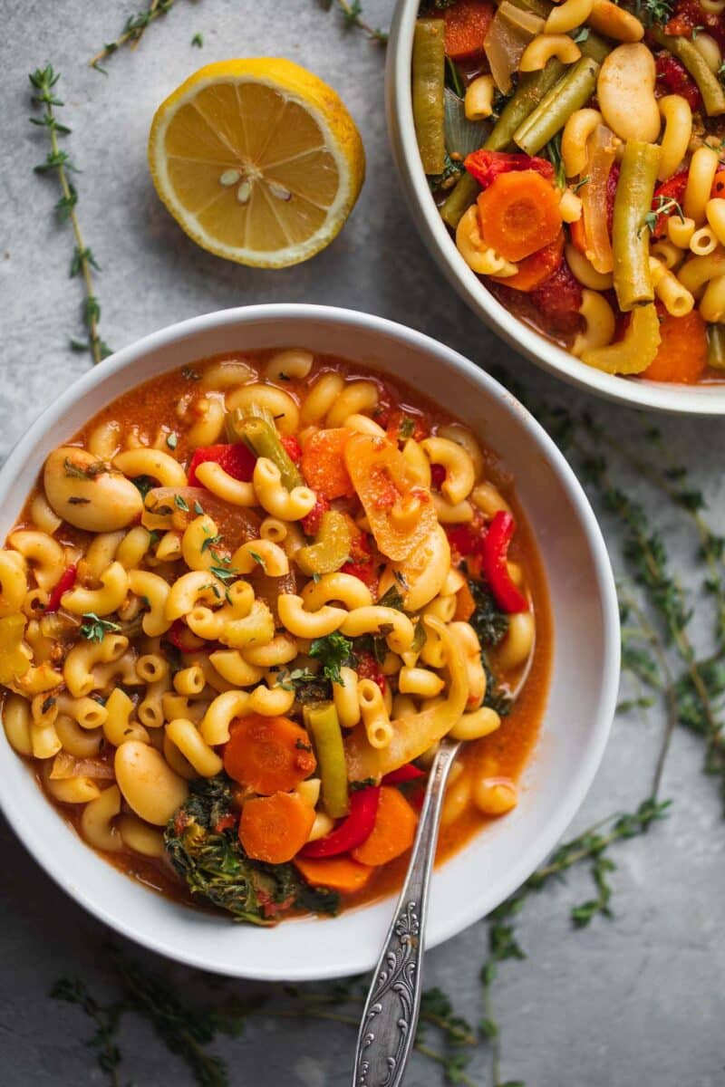 Vegan minestrone soup with macaroni and butter beans