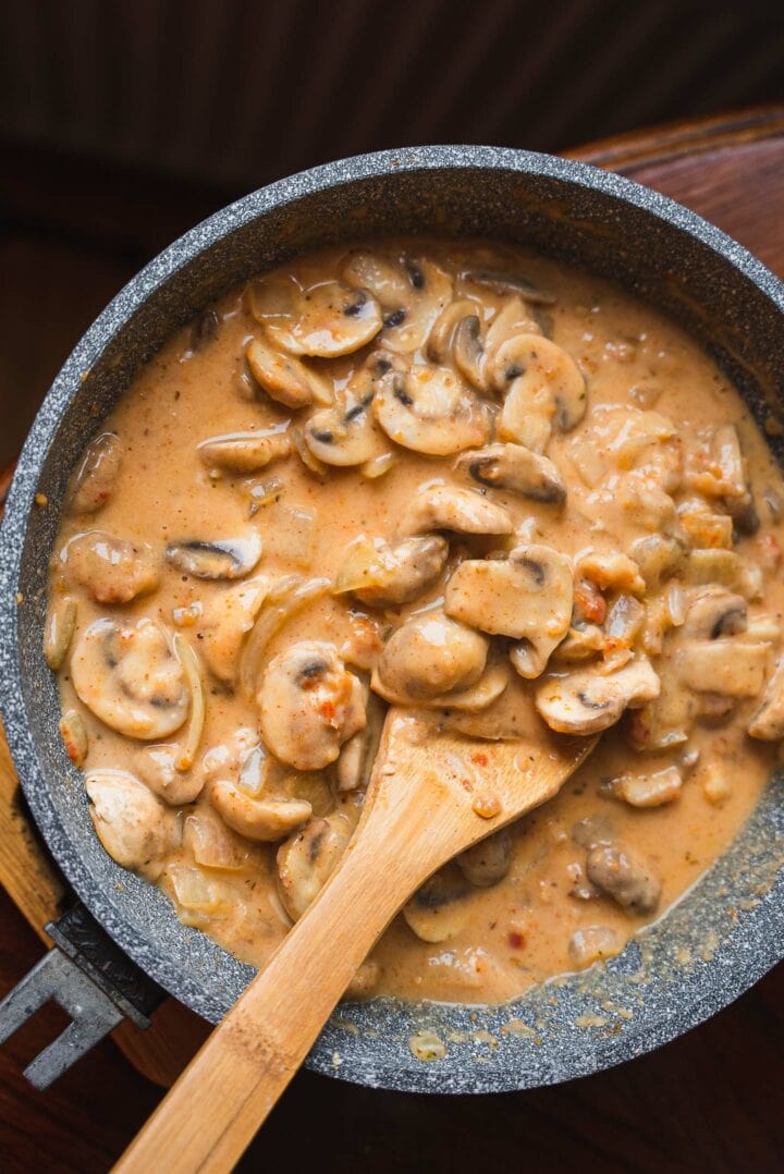 Vegan mushroom sauce in a frying pan