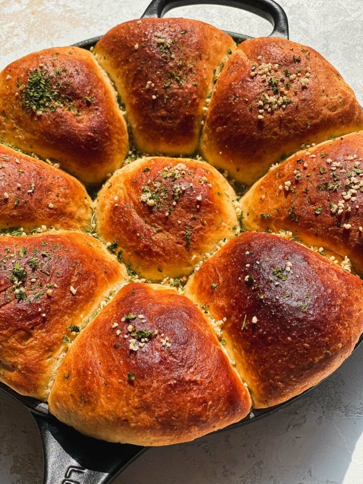 Vegan olive oil bread in a skillet