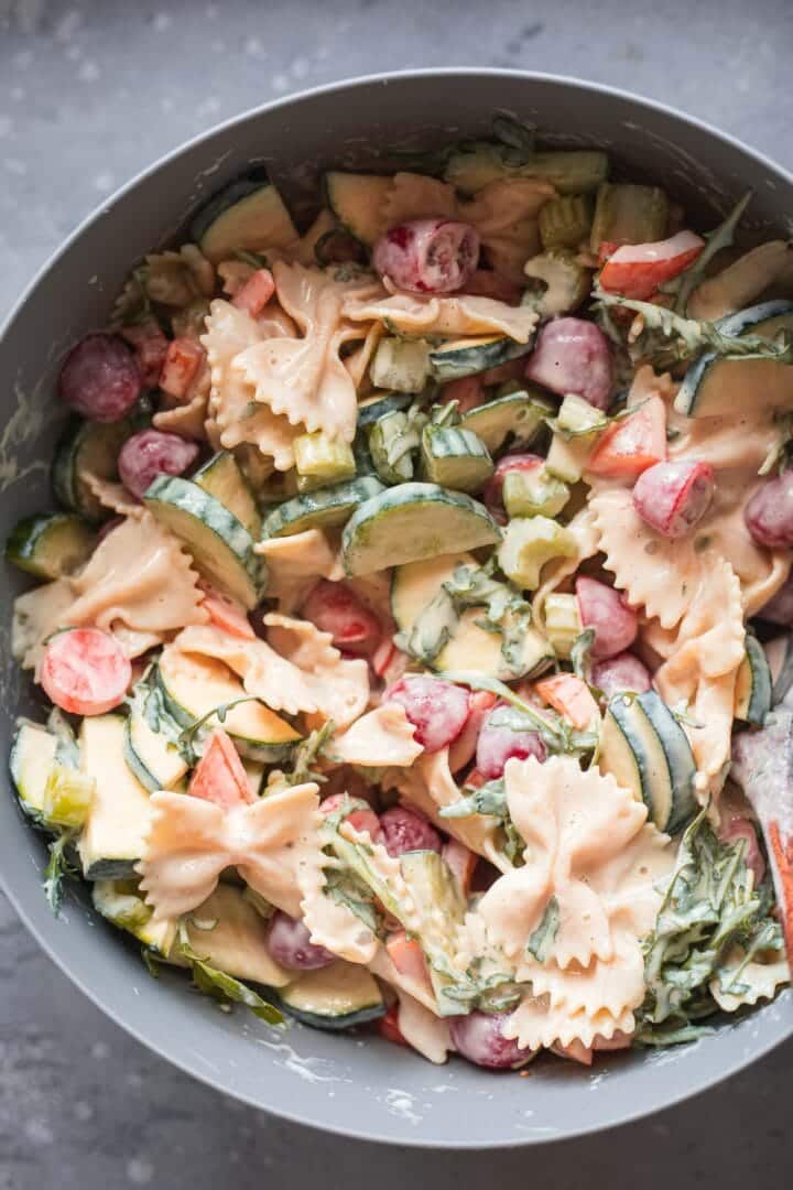 Vegan pasta salad in a bowl