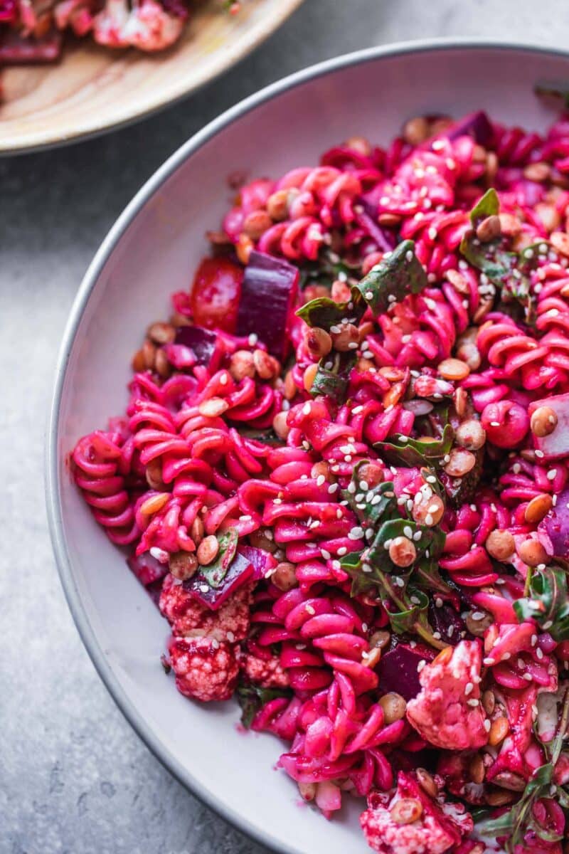 Vegan pasta salad with beetroot green lentils and vegetables