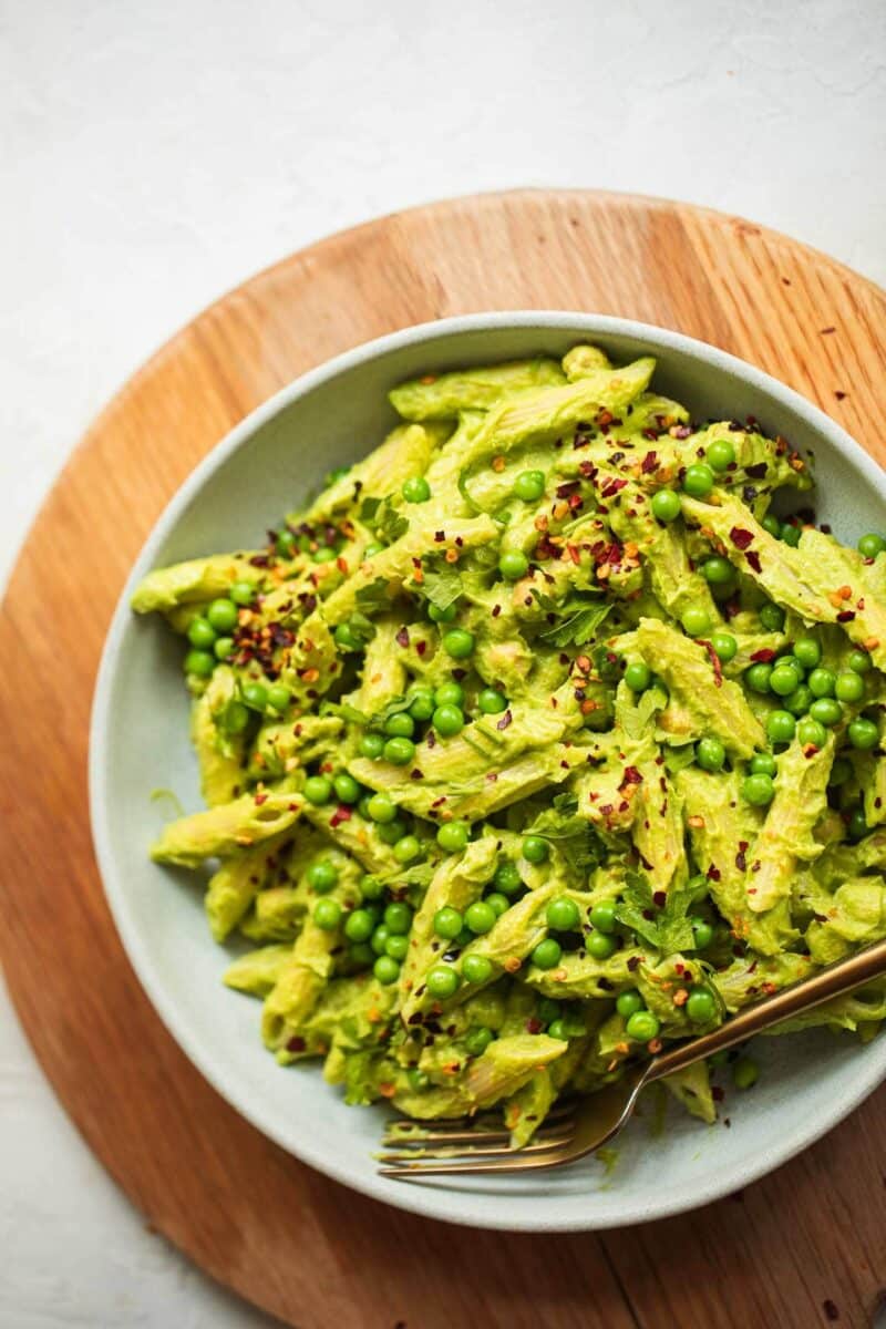 Vegan pea and avocado pesto pasta