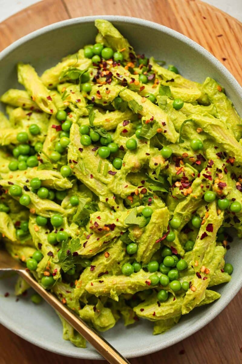 Vegan pea and avocado pesto pasta