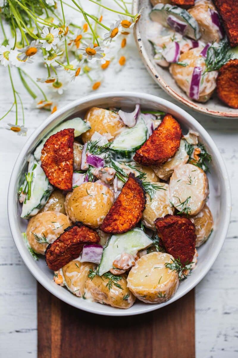 Dairy-free potato salad with tempeh and vegetables
